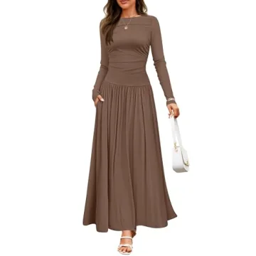 ZESICA Women's Long Sleeve Spring Maxi Dress 2025 Crewneck Knit Casual Slim Swing Pleated Dresses wi...