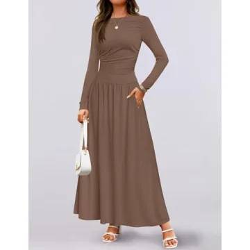 ZESICA Women's Long Sleeve Spring Maxi Dress 2025 Crewneck Knit Casual Slim Swing Pleated Dresses with Pockets,Brown,Medium