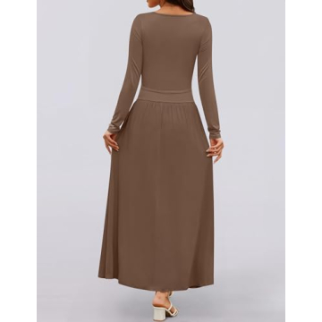 ZESICA Women's Long Sleeve Spring Maxi Dress 2025 Crewneck Knit Casual Slim Swing Pleated Dresses with Pockets,Brown,Medium