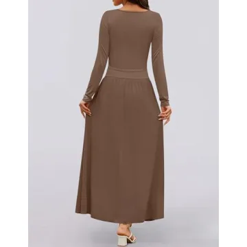 ZESICA Women's Long Sleeve Spring Maxi Dress 2025 Crewneck Knit Casual Slim Swing Pleated Dresses with Pockets,Brown,Medium