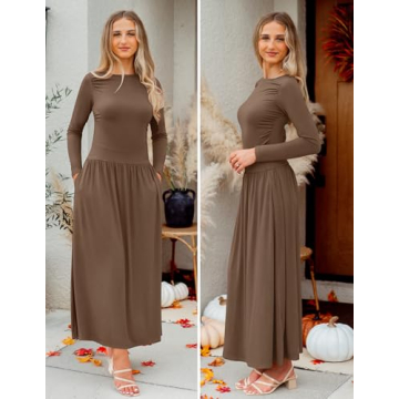 ZESICA Women's Long Sleeve Spring Maxi Dress 2025 Crewneck Knit Casual Slim Swing Pleated Dresses with Pockets,Brown,Medium