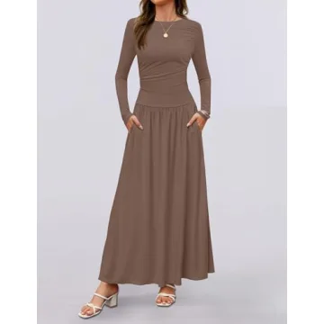 ZESICA Women's Long Sleeve Spring Maxi Dress 2025 Crewneck Knit Casual Slim Swing Pleated Dresses with Pockets,Brown,Medium