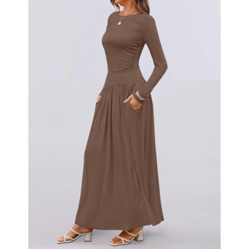 ZESICA Women's Long Sleeve Spring Maxi Dress 2025 Crewneck Knit Casual Slim Swing Pleated Dresses with Pockets,Brown,Medium