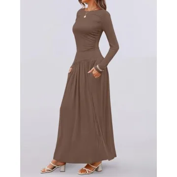 ZESICA Women's Long Sleeve Spring Maxi Dress 2025 Crewneck Knit Casual Slim Swing Pleated Dresses with Pockets,Brown,Medium