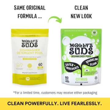 Molly's Suds Dishwasher Pods | Clean Dishwasher Detergent, Cuts Grease & Rinses Clean (Residue-Free) for Sparkling Dishes | 60 Auto-Release Tabs (Citrus)