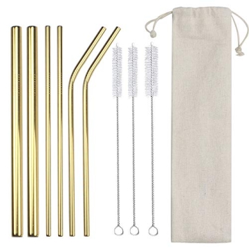 Massampton 10 Pcs Golden Reusable Metal Straws Set