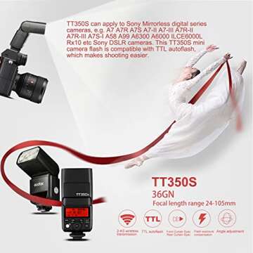 Godox TT350S Flash Speedlite for Sony Camera, 2.4G Wireless GN36 1/8000s HSS TTL Camera Flash Compat...