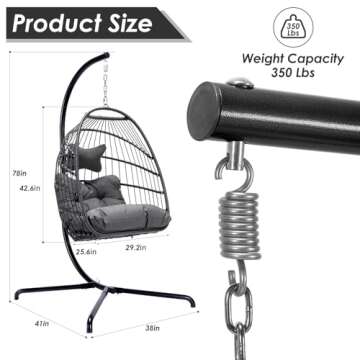NICESOUL Egg Chair Indoor Outdoor, Patio Wicker Egg Swing Chair with Stand, Comfy Padded Cushion Hanging Basket Chair, 350lbs Capacity Birthday Gift Hammock Chair for Outside Backyard Bedroom, Gray
