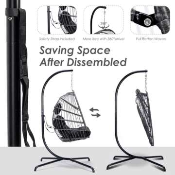 NICESOUL Egg Chair Indoor Outdoor, Patio Wicker Egg Swing Chair with Stand, Comfy Padded Cushion Hanging Basket Chair, 350lbs Capacity Birthday Gift Hammock Chair for Outside Backyard Bedroom, Gray