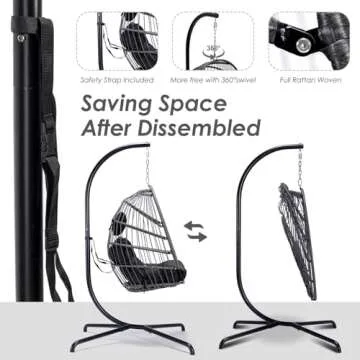 NICESOUL Egg Chair Indoor Outdoor, Patio Wicker Egg Swing Chair with Stand, Comfy Padded Cushion Hanging Basket Chair, 350lbs Capacity Birthday Gift Hammock Chair for Outside Backyard Bedroom, Gray