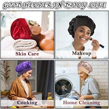 4Pcs Satin Bonnet Silk Bonnet, Hair Bonnet for Sleeping, Elastic Wide Band Silk Sleep Cap, Soft and Breathable (Black Red Purple Gold)