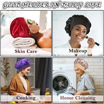 4Pcs Satin Bonnet Silk Bonnet, Hair Bonnet for Sleeping, Elastic Wide Band Silk Sleep Cap, Soft and Breathable (Black Red Purple Gold)