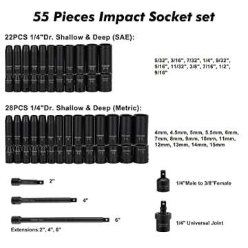 CASOMAN 55PCS 1/4-Inch Drive Impact Socket Set, Shallow & Deep, 5/32 Inch - 9/16 Inch, 4mm - 15mm, Metric/SAE, 6-Point, Cr-V Steel Socket Set