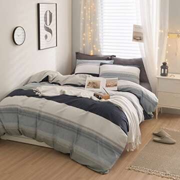 LifeTB 100% Cotton Boy Stripe Duvet Cover Twin White Blue Gray Stripe Comforter Cover Modern Soft Ge...