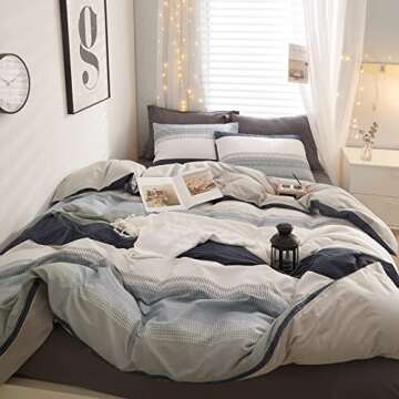 LifeTB 100% Cotton Boy Stripe Duvet Cover Twin White Blue Gray Stripe Comforter Cover Modern Soft Geometric Stripe Bedding Set Simple Style Men Adults Duvet Quilt Cover with 2 Pillowcases