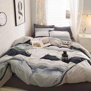 LifeTB 100% Cotton Boy Stripe Duvet Cover Twin White Blue Gray Stripe Comforter Cover Modern Soft Geometric Stripe Bedding Set Simple Style Men Adults Duvet Quilt Cover with 2 Pillowcases