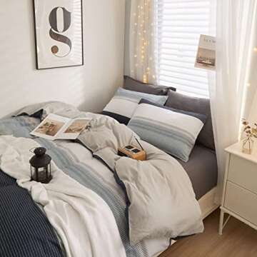 LifeTB 100% Cotton Boy Stripe Duvet Cover Twin White Blue Gray Stripe Comforter Cover Modern Soft Geometric Stripe Bedding Set Simple Style Men Adults Duvet Quilt Cover with 2 Pillowcases