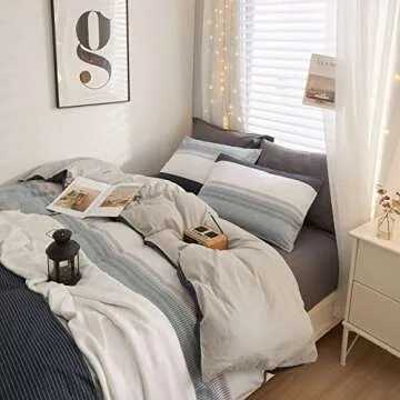 LifeTB 100% Cotton Boy Stripe Duvet Cover Twin White Blue Gray Stripe Comforter Cover Modern Soft Geometric Stripe Bedding Set Simple Style Men Adults Duvet Quilt Cover with 2 Pillowcases