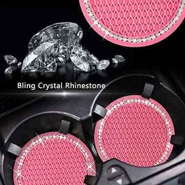 2PCS Bling Car Cup Coaster, 2.75 Inch Auto Car Cup Holder Insert Coasters Silicone Anti-Slip Crystal Rhinestone Drink Car Cup Mat, Universal Vehicle Interior Accessories for Women Girls (Pink)