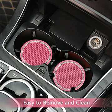 2PCS Bling Car Cup Coaster, 2.75 Inch Auto Car Cup Holder Insert Coasters Silicone Anti-Slip Crystal Rhinestone Drink Car Cup Mat, Universal Vehicle Interior Accessories for Women Girls (Pink)