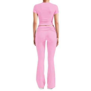 YETOWA Women's 2 Piece Lounge Outfits with Slim Short Sleeve Tops and Low Rise Flare Leggings Sets V...