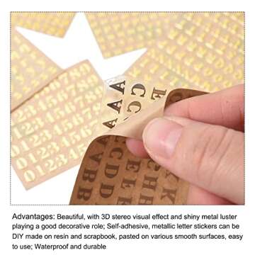 MECCANIXITY 4 Sheets Letter Resin Stickers 3D Small A to Z Gold Mini Alphabet Sticker Metallic Glitter Alloy Lowercase for Resin Nail Scrapbooking 4.5mm
