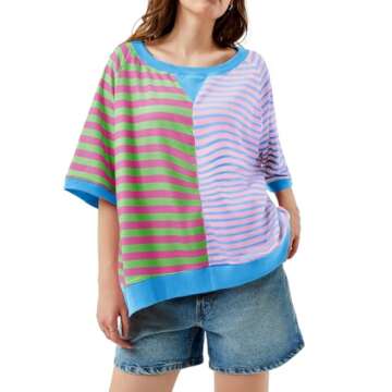 Tankaneo Womens Oversized T Shirts Summer Short Sleeve Striped Color Block Loose Fit Tops 2025 Trend...
