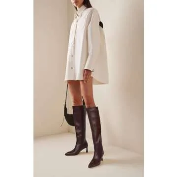 SOVANYOU Brown Knee High Boots for Women Leather Tall Boots Kitten Heel Pointed Toe Boots Wide Calf Low Heel Long Boot Stiletto Heeled High Boots