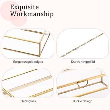 AMGSH 7.8" Golden Vintage Glass Keepsake Box | Glass Jwelry Lidded Box Decorative Glass Boxes for Display,Clear Rectangle Box Rings Bracelet Earring Organizer (7.8 x 4.3 x 2.3inch)