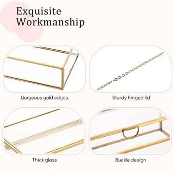 AMGSH 7.8" Golden Vintage Glass Keepsake Box | Glass Jwelry Lidded Box Decorative Glass Boxes for Display,Clear Rectangle Box Rings Bracelet Earring Organizer (7.8 x 4.3 x 2.3inch)