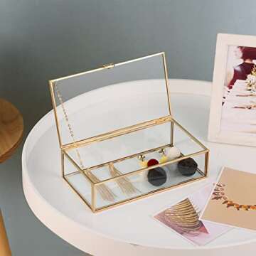 AMGSH 7.8" Golden Vintage Glass Keepsake Box | Glass Jwelry Lidded Box Decorative Glass Boxes for Display,Clear Rectangle Box Rings Bracelet Earring Organizer (7.8 x 4.3 x 2.3inch)
