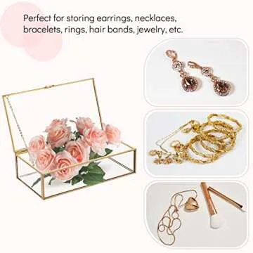 AMGSH 7.8" Golden Vintage Glass Keepsake Box | Glass Jwelry Lidded Box Decorative Glass Boxes for Display,Clear Rectangle Box Rings Bracelet Earring Organizer (7.8 x 4.3 x 2.3inch)