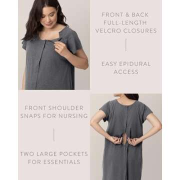 Kindred Bravely Universal 3-in-1 Labor and Delivery Gown for Hospital, Postpartum Nursing (Grey Heat...