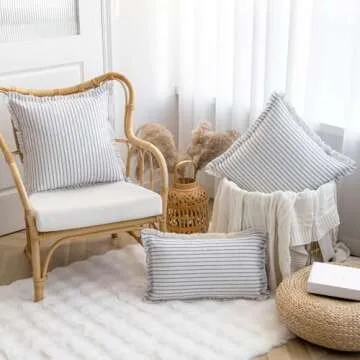 YEENAASY Striped Farmhouse Throw Pillow Covers 20X20 Set of 2 Boho Pillow Cover with Fringe Tassel Chic Cotton Decorative Pillows Modern Neutral Square Cushion Pillowcase for Sofa Couch Bed, Blue