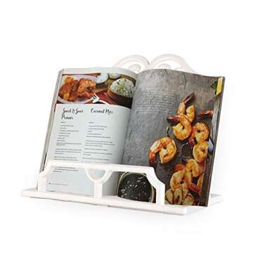 JOGREFUL Vintage Cookbook Stand Cast Iron, Decorative Metal Cookbook Recipe Holder for Bible, Easel, Textbooks, Magazine, Art, iPad, Kitchen Counter, Prayer Book Stand, 11.4L * 5.1W * 9.1H, White