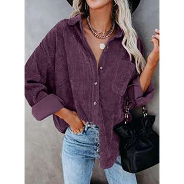 Dokotoo Corduroy Shirts for Women Stylish V Neck Long Sleeve Button Down Shirts Soft Cute Solid Basi...