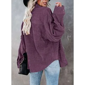 Dokotoo Corduroy Shirts for Women Stylish V Neck Long Sleeve Button Down Shirts Soft Cute Solid Basic Jacket Tops Outwear Fall Shacket with Pockets Purple L