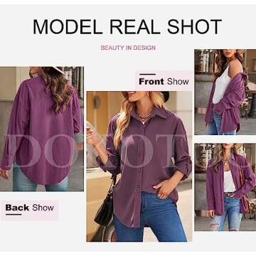 Dokotoo Corduroy Shirts for Women Stylish V Neck Long Sleeve Button Down Shirts Soft Cute Solid Basic Jacket Tops Outwear Fall Shacket with Pockets Purple L