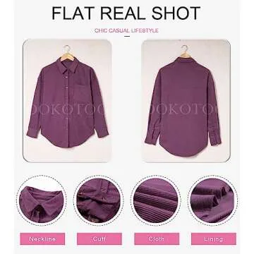 Dokotoo Corduroy Shirts for Women Stylish V Neck Long Sleeve Button Down Shirts Soft Cute Solid Basic Jacket Tops Outwear Fall Shacket with Pockets Purple L