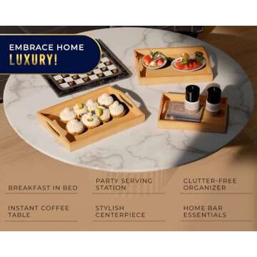 Set of 3 Bamboo Serving Trays - Ottoman Trays for Entertainment, Food and Décor - Clean, Minimal Design