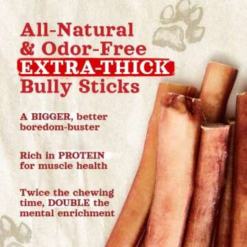 Natural Farm Odor Free Jumbo Bully Sticks (12 Inch, 5 Pack), Extra-Thick Chews for Dogs, Fully Diges...