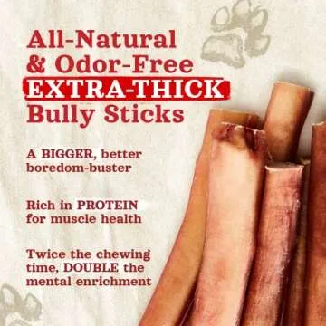 Natural Farm Odor Free Jumbo Bully Sticks (12 Inch, 5 Pack), Extra-Thick Chews for Dogs, Fully Diges...