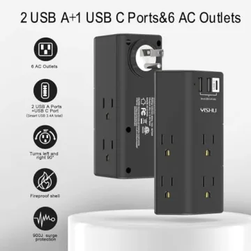 YISHU Outlet Extender - 6 AC Outlets, 3 USB Ports, Surge Protection for Home