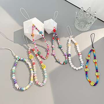 LA QUEENIE 6 PCS Beaded Phone Lanyard Wrist Strap, Colorful Bead Phone Charm, Smiley Face Fruit Star...