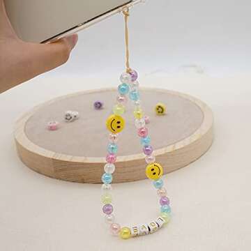 LA QUEENIE 6 PCS Beaded Phone Lanyard Wrist Strap, Colorful Bead Phone Charm, Smiley Face Fruit Star Pearl Beaded Decoration Accessories for Keychain Phone Chain Strap