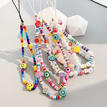 LA QUEENIE 6 PCS Beaded Phone Lanyard Wrist Strap, Colorful Bead Phone Charm, Smiley Face Fruit Star Pearl Beaded Decoration Accessories for Keychain Phone Chain Strap