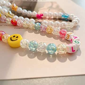 LA QUEENIE 6 PCS Beaded Phone Lanyard Wrist Strap, Colorful Bead Phone Charm, Smiley Face Fruit Star Pearl Beaded Decoration Accessories for Keychain Phone Chain Strap