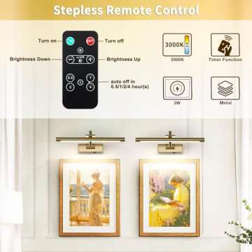 DESOOP Battery Operated Picture Light with Remote and Timer, Wireless Art Lights for Paintings Brass Rechargeable Gallery Light Dimmable Artwork Lighting for Canvas, Portrait 16'' Inch Warm White