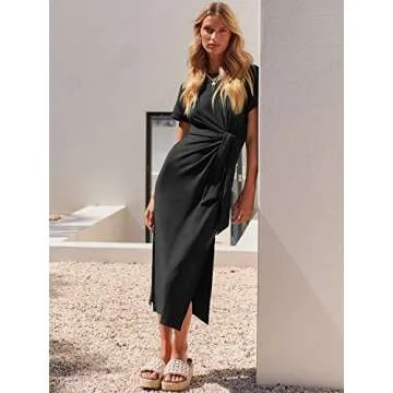 ANRABESS Women's Summer Short Sleeve Crewneck T Shirt Maxi Dress Tie Waist Casual Slim Fit Slit Spring Long Beach Dresses Black Medium