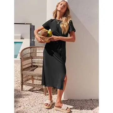 ANRABESS Women's Summer Short Sleeve Crewneck T Shirt Maxi Dress Tie Waist Casual Slim Fit Slit Spring Long Beach Dresses Black Medium
